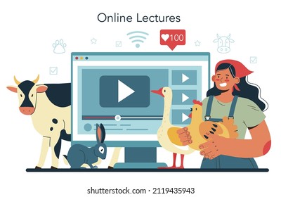 Shepherd with a domestic animals online service or platform. Herdsman taking care of sheeps, cows, chickens and rabbits. Online lecture.. Flat vector illustration