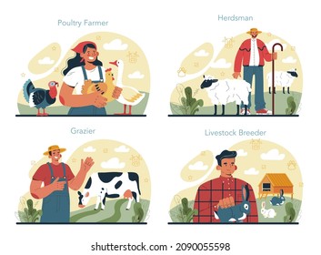 Shepherd with a domestic animals set. Herdsman taking care of sheeps, cows, chickens and rabbits. Cattle breeder farm. Flat vector illustration