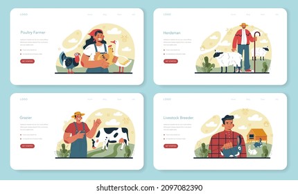 Shepherd with a domestic animals web banner or landing page set. Herdsman taking care of sheeps, cows, chickens and rabbits. Cattle breeder farm. Flat vector illustration