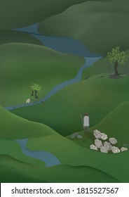 Shepherd found lost shep. Herdsman with his herd standing among green hills.