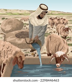 Shepherd giving his thirsty sheep water to drink from an underground cistern.  Biblical illustration depicting Psalm 23:2.