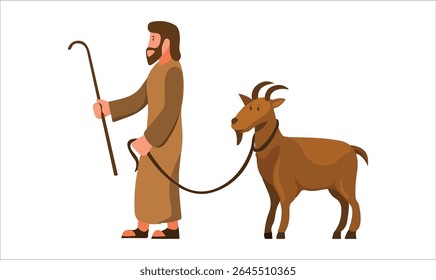 Pastor com Ilustração de Cabra Agricultura Tradicional e Pecuária Vetor Arte