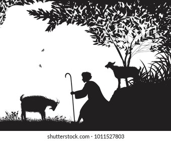 shepherd and the goat, young shepherd, silhouette,