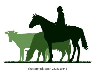 El pastor pastorea vacas en pastos. Silueta de imagen. Mascotas de granja. Animales de leche y productos lácteos. Aislado sobre fondo blanco. Vector