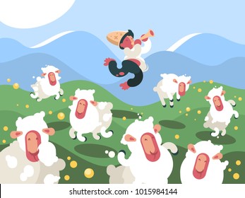 Shepherd grazes herd of sheep on green meadow. Vector illustration