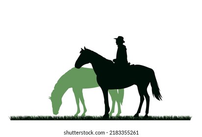 Shepherd grazes horses in pasture. Picture silhouette. Farm pets. Animals domestic traditional. Isolated on white background. Vector.