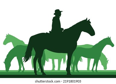 Shepherd grazes horses in pasture. Picture silhouette. Farm pets. Animals domestic traditional. Isolated on white background. Vector