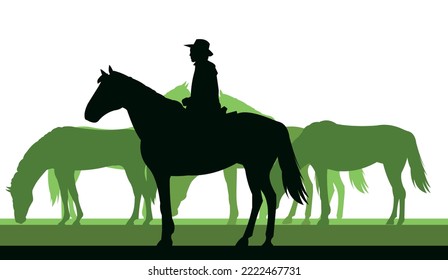 Shepherd grazes horses in pasture. Picture silhouette. Farm pets. Animals domestic traditional. Isolated on white background. Vector.
