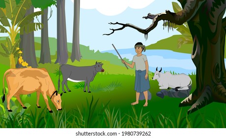 shepherd is grazing cows in the field - illustration