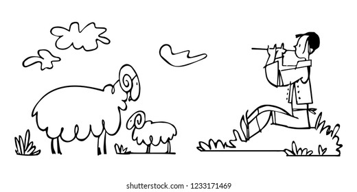 Shepherd Grazing Sheep On The Meadow. Vector Black White Illustration.