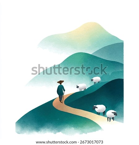 A shepherd guides his flock along a winding path through rolling green hills, evoking a sense of tranquility and pastoral beauty in a minimalist watercolor style.