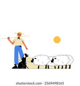 Shepherd With Herd And Dog In Flat Vector Illustration Symbolizing Sheep Herding, Livestock Management, And Rural Life, Isolated On White Background.