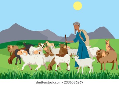 Shepherd with a herd of goats and sheep with dogs in field
