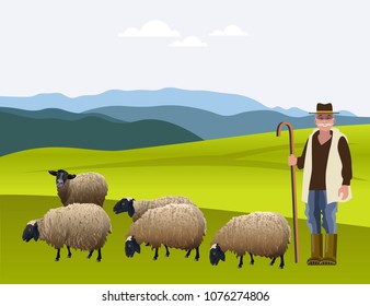 Shepherd herding his flock of sheep. Vector illustration