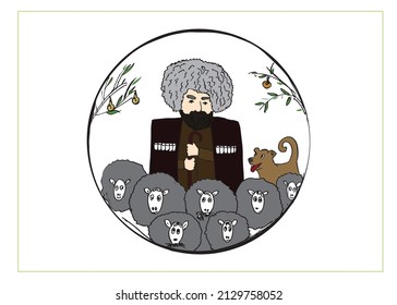 shepherd herding sheep with his dog