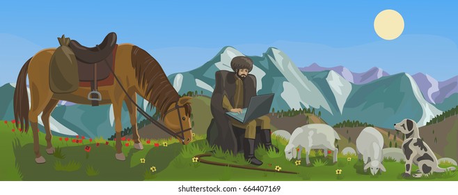 Shepherd herding sheep in the mountains comes to the Internet