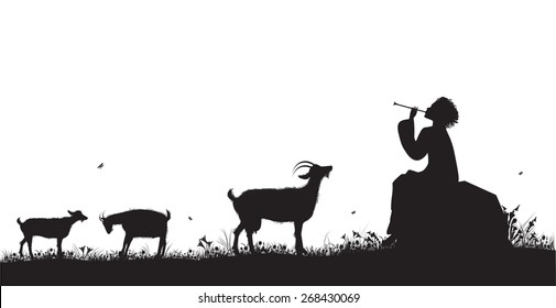 shepherd herds the goats and playing on the trumpet, summer melody, silhouette, shadows.