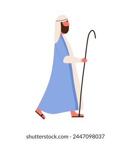 Shepherd Joseph walking with hook, cartoon flat vector illustration isolated on white background. Concepts of Christmas, christianity and nativity. Character drawing.