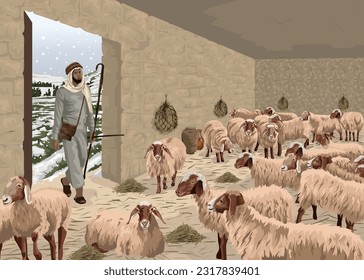 Shepherd keeping sheep warm and safe in stone barn during cold winter months.  Biblical image illustrating Psalm 23:6.