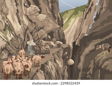 Shepherd leading sheep up to high, mountain pastures along dangerous valley path with rockfall, predator and approaching storm.  Biblical image depicting Psalm 23: 4