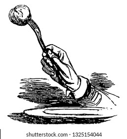 Shepherd obey the demon and sacrificed his son to him. He received an apple to eat and the child get dead, vintage engraved line art illustration. Infernal Dictionary 1863.