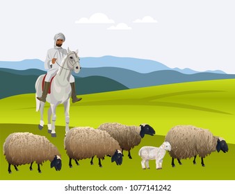 Shepherd on horseback herding his flock of sheep. Vector illustration