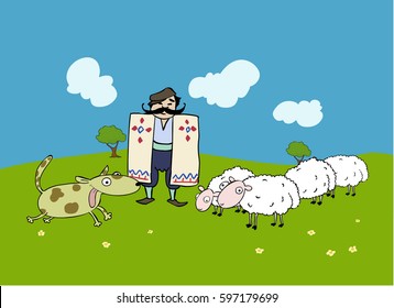 A shepherd in a poncho with a flock of sheep and a sheep dog with a background of lowers, grass, trees, sky and clouds..