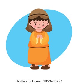 shepherd praying with hands together with oragen suit. vector cartoon