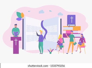 The shepherd reads the Holy Bible and preaches about the Word of God. Jesus Christ and the Bible, a holy scripture. People study the bible. Colorful vector illustration.