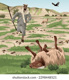 Shepherd running to rescue sheep stuck on its back, whilst vulture flies overhead.  Biblical illustration depicting Psalm 23:3