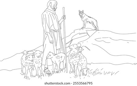 Shepherd saving his lambs from wolf, line drawing