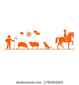Shepherd with sheep dog farmer on horseback near sheep sun clouds Rural pastoral life Outdoors agriculture.