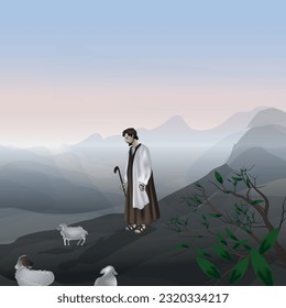 Shepherd with sheep in the mountains. Vector cartoon Bible. Illustration for Bible stories.