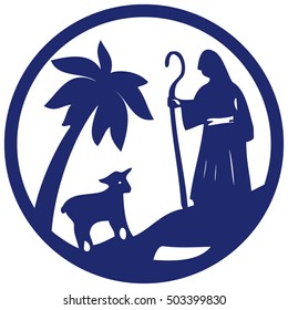 Shepherd and Sheep silhouette icon vector illustration blue on white background. Scene of the Holy Bible 