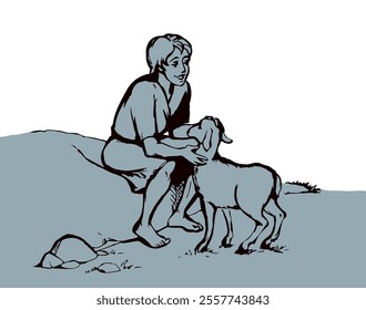 Shepherd with sheep. Vector drawing