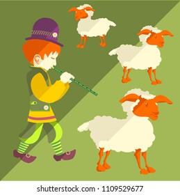 Shepherd and sheep. Vector illustration of a shepherd playing on a pipe.