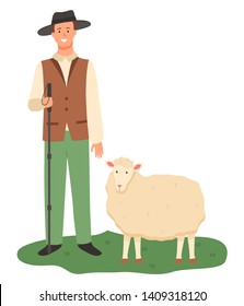 Shepherd with sheep vector, isolated male wearing uniform and hat on head holding wooden stick and tending for sheep, flat style breeding mammal care