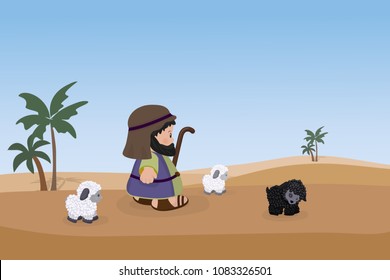 Shepherd with sheeps on a background of desert and palm trees. Cartoon character.