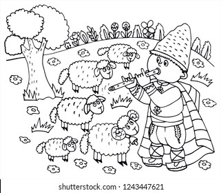 Shepherd with sheeps on a meadow is playing a flute. Grass, a tree, flowers, sky. Black and white vector for card or gift, for coloring. 