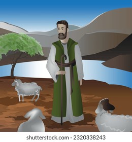 Shepherd and  sheep.Vector cartoon Bible. Illustration for Bible stories. 