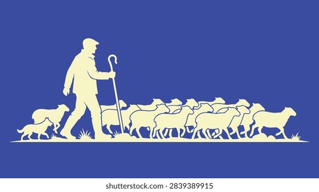 Shepherd Silhouette Vector Illustration Flat Design Man Sheep Dog Herding Farm Rural Pose