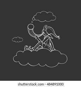 Shepherd sits on cloud and holds horn. Vector illustration of fictitious character. White outlines. Black background.