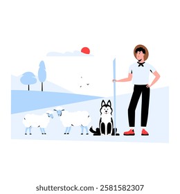 Shepherd With Staff And Sheepdog Watching Sheep In Flat Vector Illustration Symbolizing Herding, Pastoral Life, And Livestock Management, Isolated On White Background