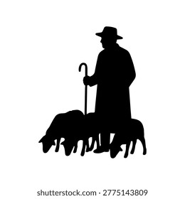 Shepherd standing with staff, tending a flock of grazing sheep