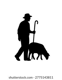 Shepherd standing with staff, tending a flock of grazing sheep
