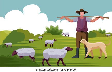 Shepherd with stick and dogs herding sheep vector illustration