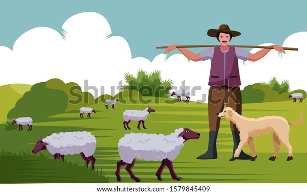 羊飼いと杖を持つ犬の牧羊ベクターイラスト のベクター画像素材 ロイヤリティフリー