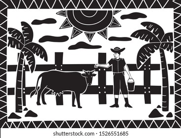 a shepherd who is caring for his farm animals. Illustration of cordel style