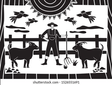 a shepherd who is caring for his farm animals. Illustration of cordel style