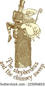 
The shepherdess and the chimney sweep. Characters of Andersen's fairy tale. Engraved style.